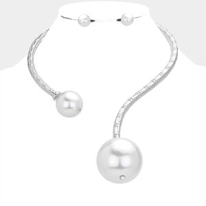 Silver White Pearl Chunky Choker Necklace Set Big Large Pendant Jewelry Collar